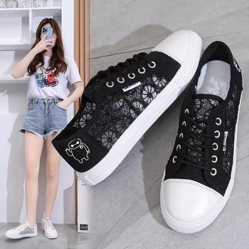 Summer New Women's Casual Board Shoes Lace Design Breathable Comfortable Non-slip Sole Office Student Mesh Flats