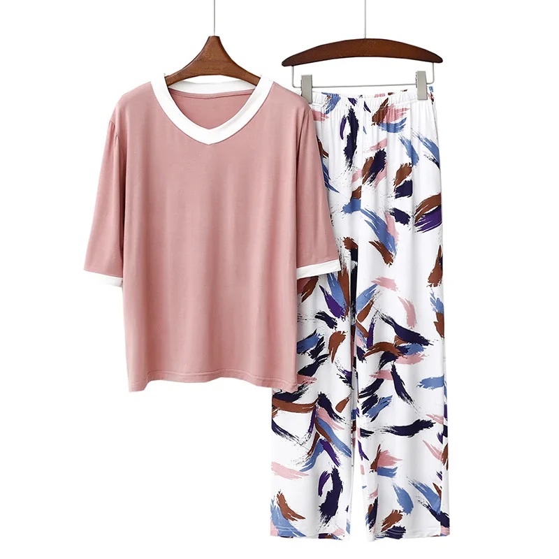 Modal Women Pajamas Set Pyjamas Spring New V Neck Contrasting Colors Half Sleeve Printing Casual Fit Loose Outdoor Nightclothing