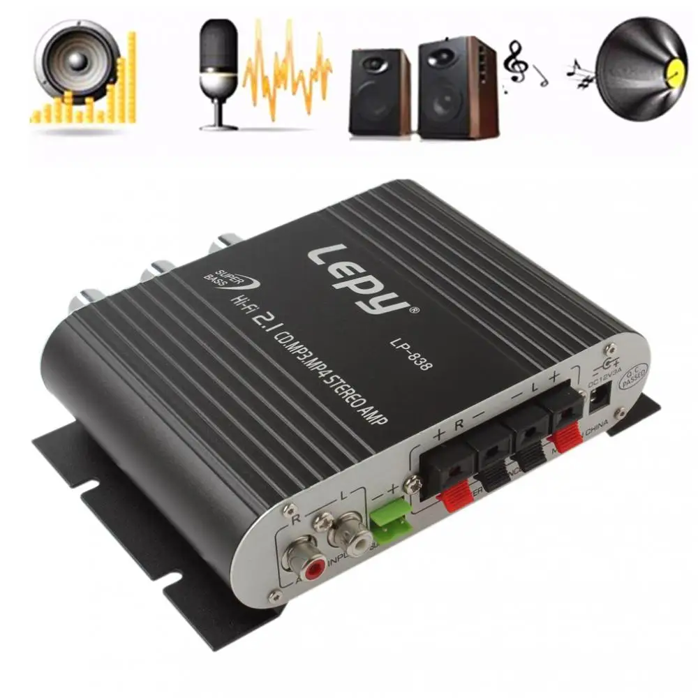 

LP-838 Power Car Amplifier Hi-Fi 2.1 MP3 Radio Audio Stereo Bass Speaker Booster Player for Motorbike Home No Power Plug