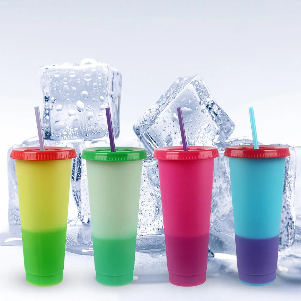 

710ml Reusable Straw Cup Coffee Juice Straw Water Bottle Color Changing Cold Cup Plastic Background Outdoor Cup Random Color 5ps