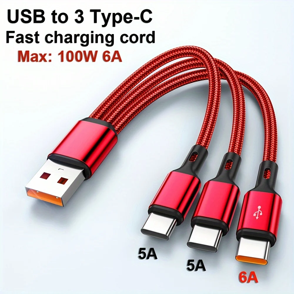 3 в 1 USB на × Тип - C Кабель 100 Вт 6 А для быстрой зарядки Samsung S24 Xiaomi Huawei android телефон usb c