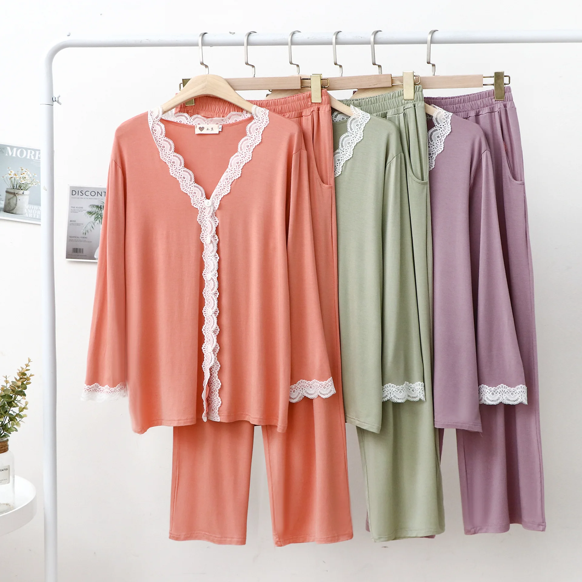 Lace Women Pajamas V Neck Cardigan Trousers Modal Show Temperament Simple and Stylish Soft Comfortable Tracksuit