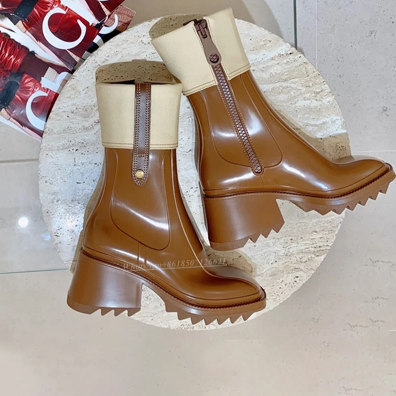 Women's New Versatile Square-toe Stitching Side Zipper Mid-tube Short Boots Thick-soled Boots