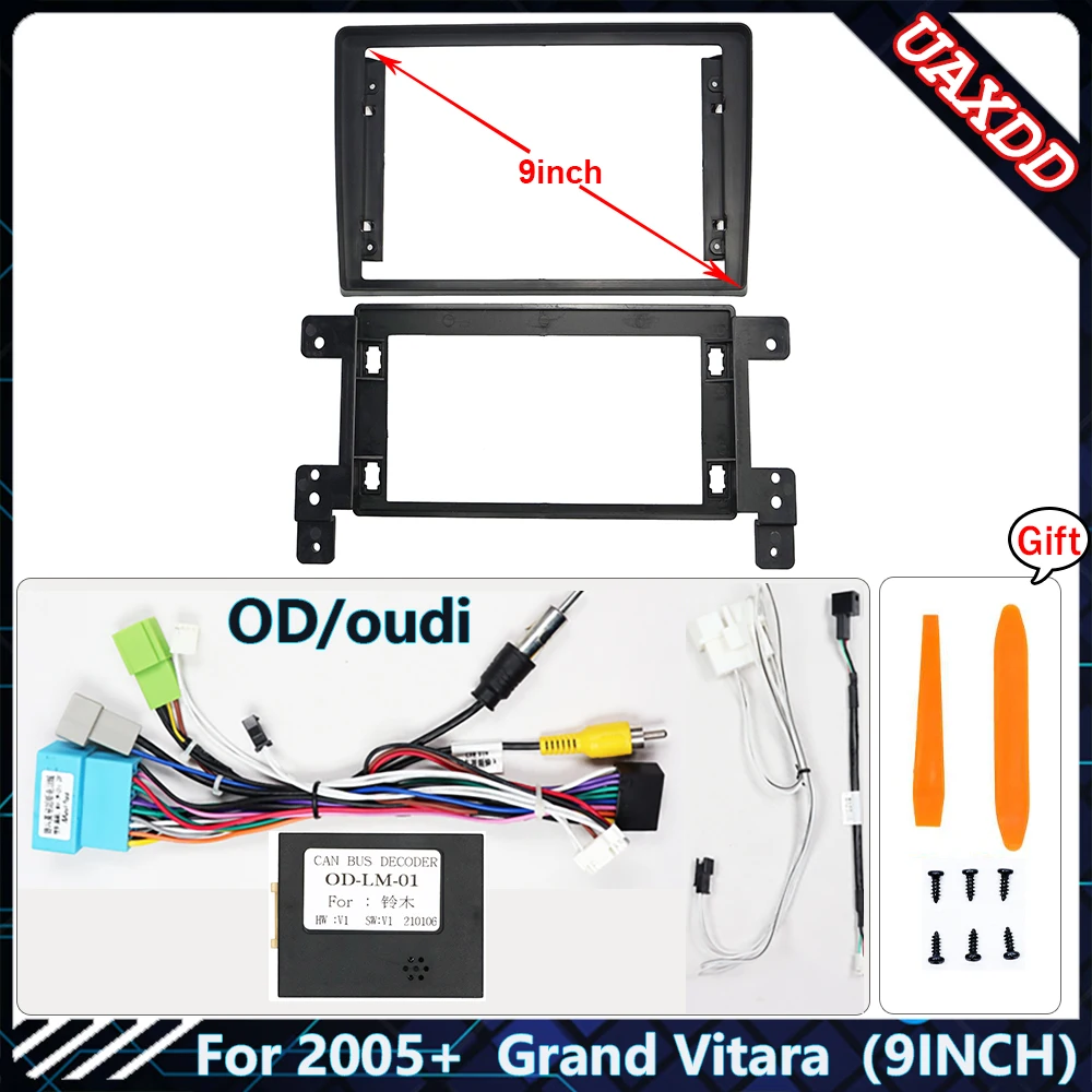 

Автомобильная рамка для радиоприемника для SUZUKI VITARA 2005-2022, 9-дюймовая стереопанель, жгут проводов, адаптер кабеля питания, декодер Canbus