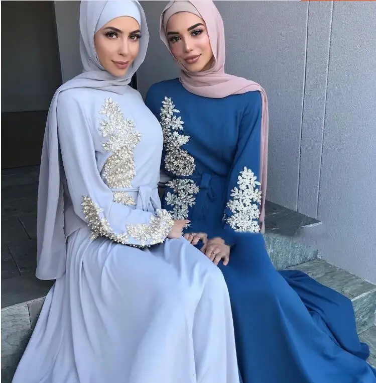 Dubai Saudi Lace Beaded Loose Dress Muslim Women's Prayer Shirt Long Robe