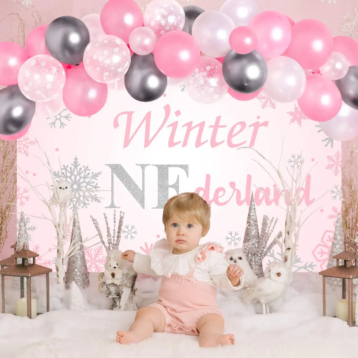 Рождественские украшения Pink Winter Onederland для девочки: гирлянда из снежинок и шаров, фон Wonderland и принадлежности для вечеринки на первый день рождения.