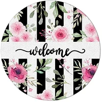 welcome pink flowers on black and white stripes round metal tin sign suitable for home and kitchen bar cafe garage