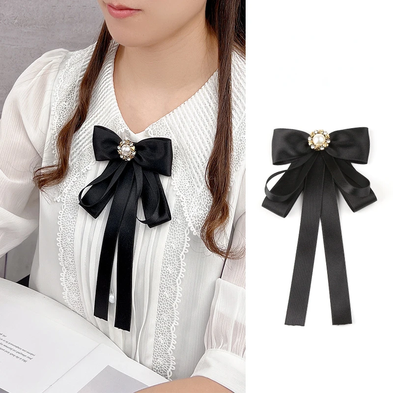 

New Fashion Ribbon Bow Tie Brooches for Women College Style Shirt Collar Pins Crystal Handmade Bowknot Corsage Accessories