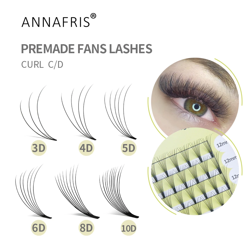 

ANNAFRIS Premade Fan Lash Extensions 3d/4d/5d/6d/8d/10d Short Stem Russian Volume Pre Made Fans Individual Mink Eyelash