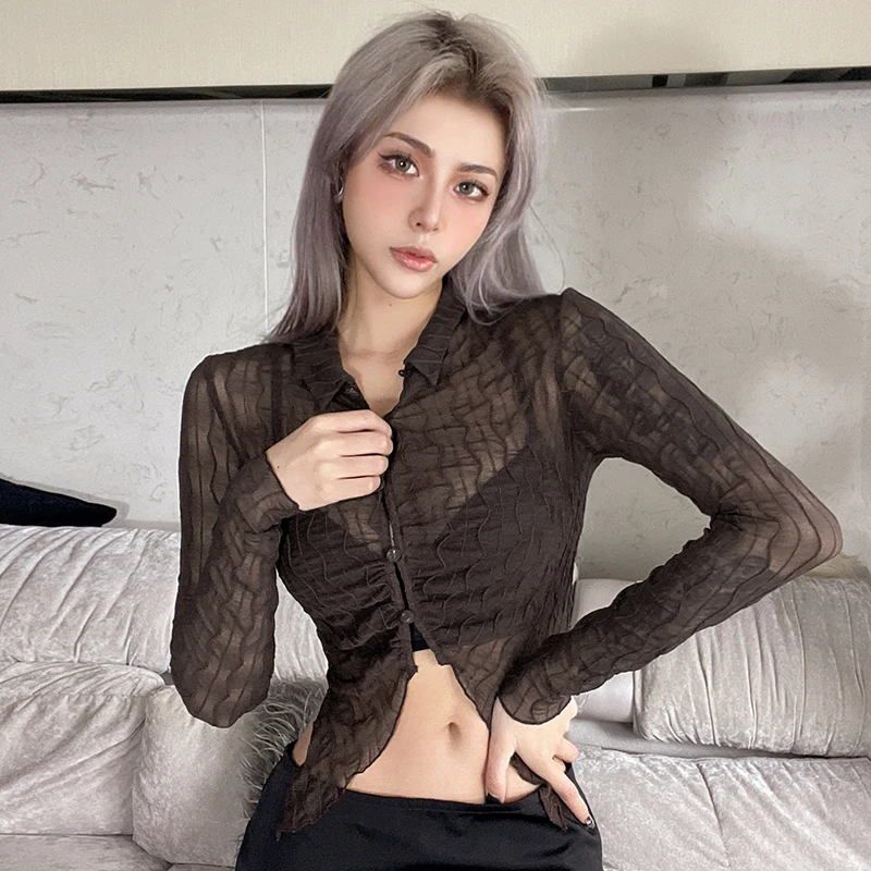 

Пикантная прозрачная блузка в стиле ретро с длинными рукавами, тонкая облегающая Асимметричная короткая рубашка с длинным рукавом и ласточ...