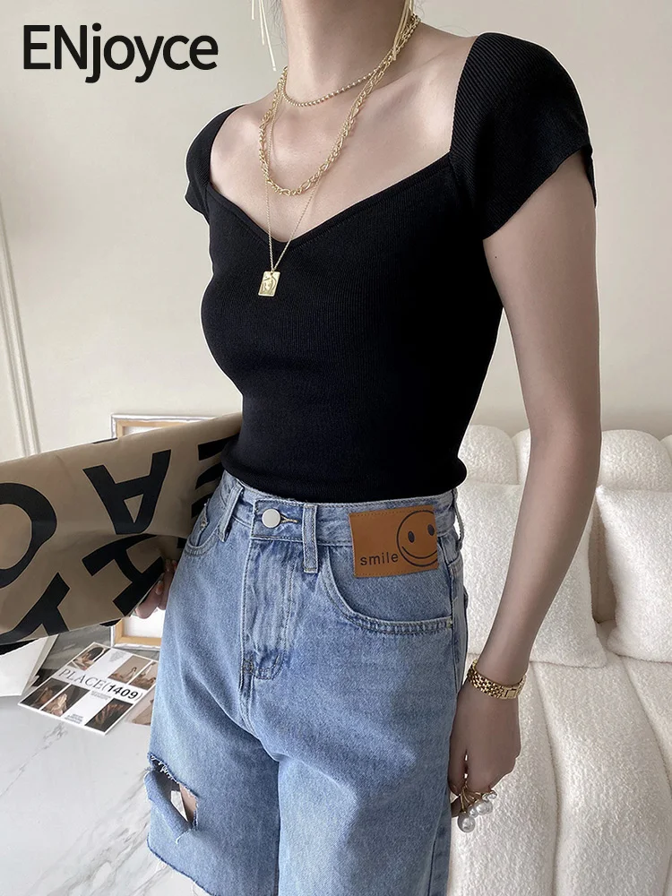 

Женская футболка с коротким рукавом ENjoyce, черная Повседневная облегающая футболка с квадратным вырезом, эластичные топы, для лета