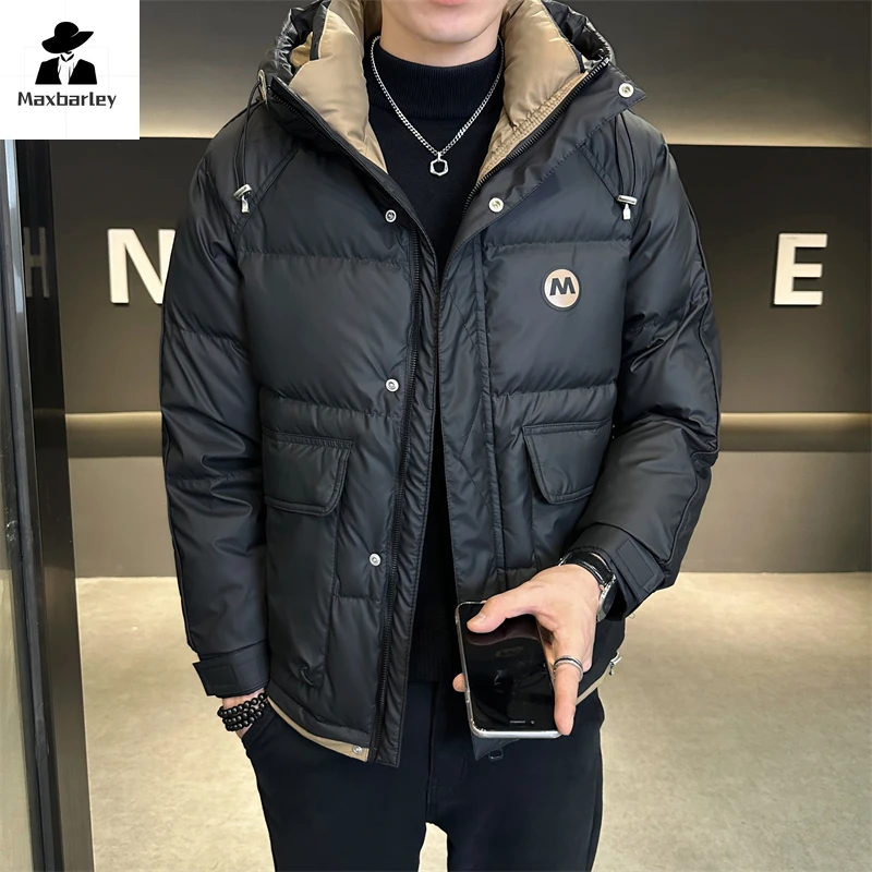 Зимняя мужская куртка с капюшоном брендовая модная кожаная большими карманами