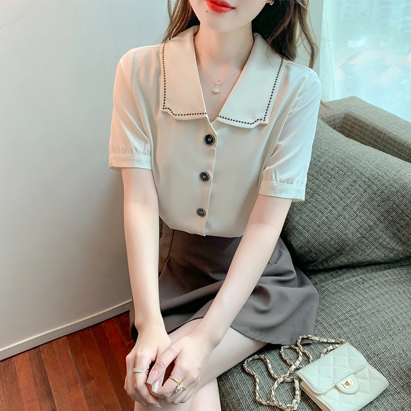 

French niche design tops 2022 summer new chiffon shirts V-neck thin tops small shirts 017e,613-6