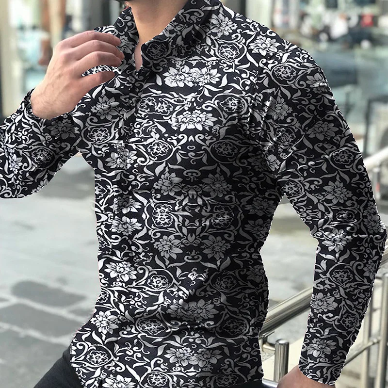 Stylish Printed Lapel Button Loose Korean Shirts Men's Clothing 2022 Autumn New Oversized Casual Tops All-match Shirt