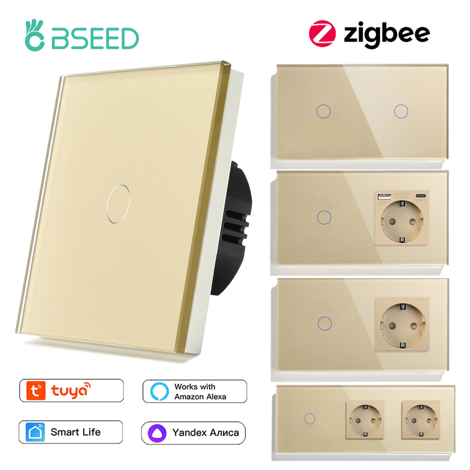 

BSEED Zigbee 1/2/3Gang Wall Smart switches 1/2/3Way Light Touch Switch with Typ-C USB EU Sockets Tuya Smart Life App Control