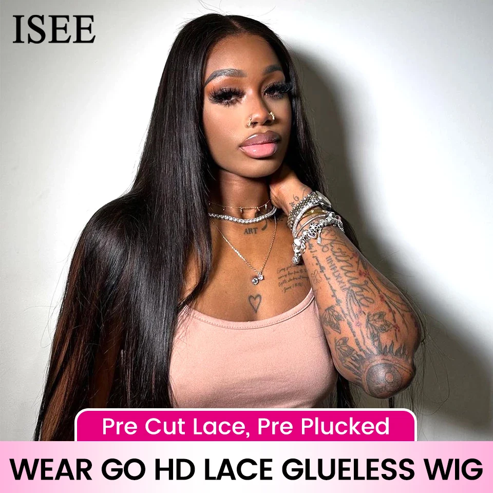 

Wear And Go Glueless Human Hair Wig ISEE HAIR Malaysian Straight 13x4 Lace Frontal Human Hair Wig Ready To Wear Real HD Lace