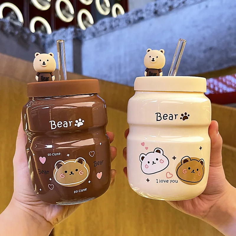 

500ml Cartoon Ceramic Straw Cup Cute High-value Bear Water Cup Mug Male and Female Student Household Cup Water Bottles for Girl