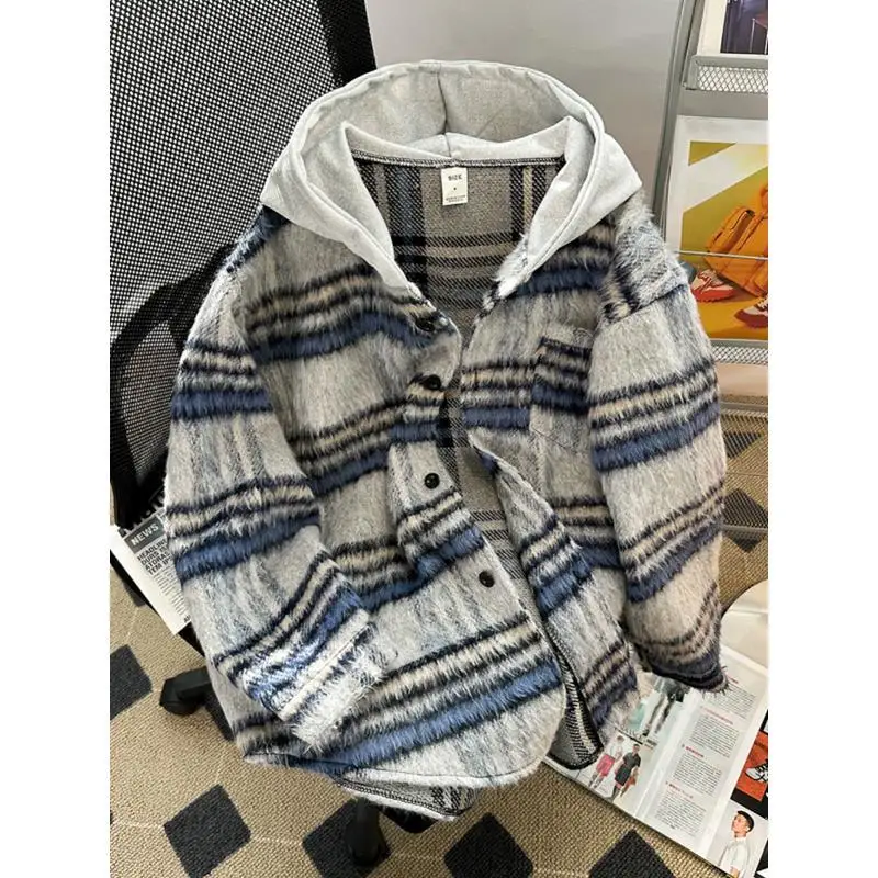 Женская винтажная рубашка с длинным рукавом в клетку большого размера на осень и