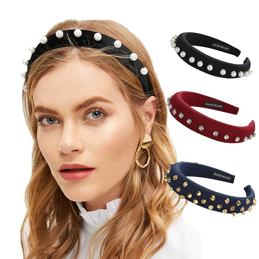 Women Thick Sponge Headband Rivet Rhinestone Pearl Beads Hairband Hair Hoop Bezel Head Hair Accessories Padded Headband