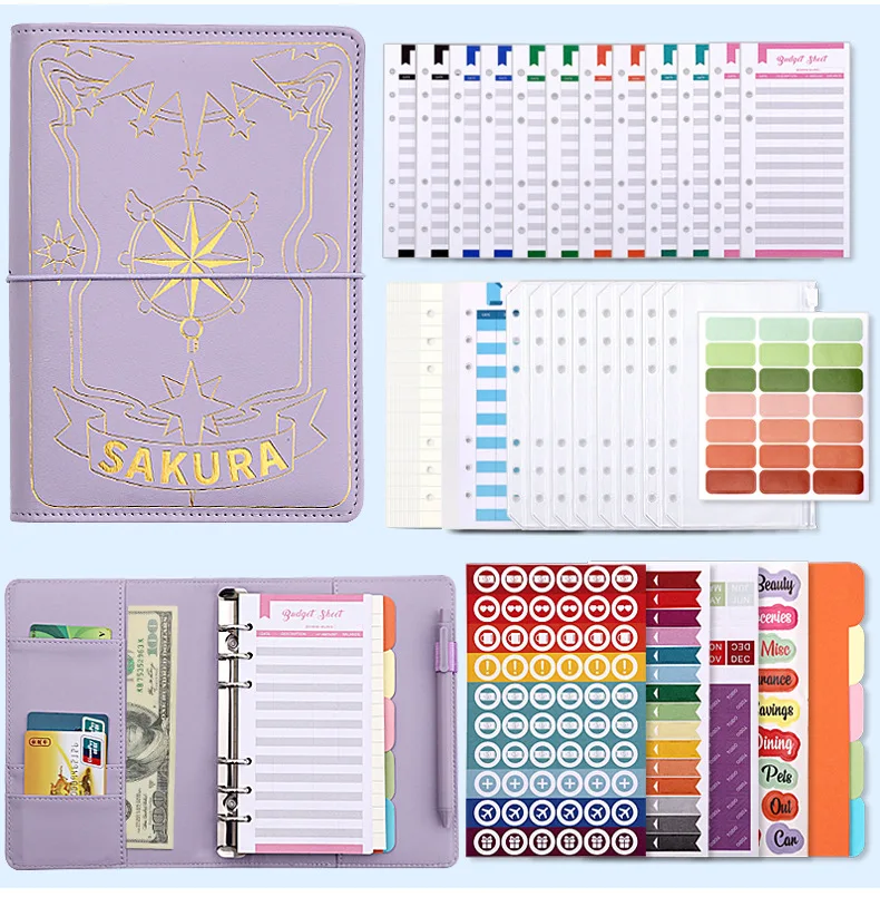 

A6 Binder Budget Planner Notebook Bronzing Covers Folder 6 Hole Binder Pockets Plastic Binder Zipper Money Saving Envelope