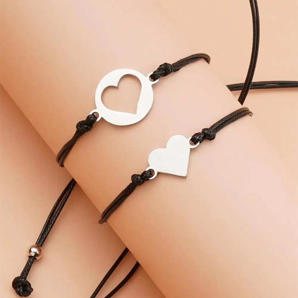 Mommy Daughter Bracelet 1 Pair Stylish Casual Stainless Steel  Fashion Hollow Heart Mommy Me Cord Bracelet for Mothers Day images - 6