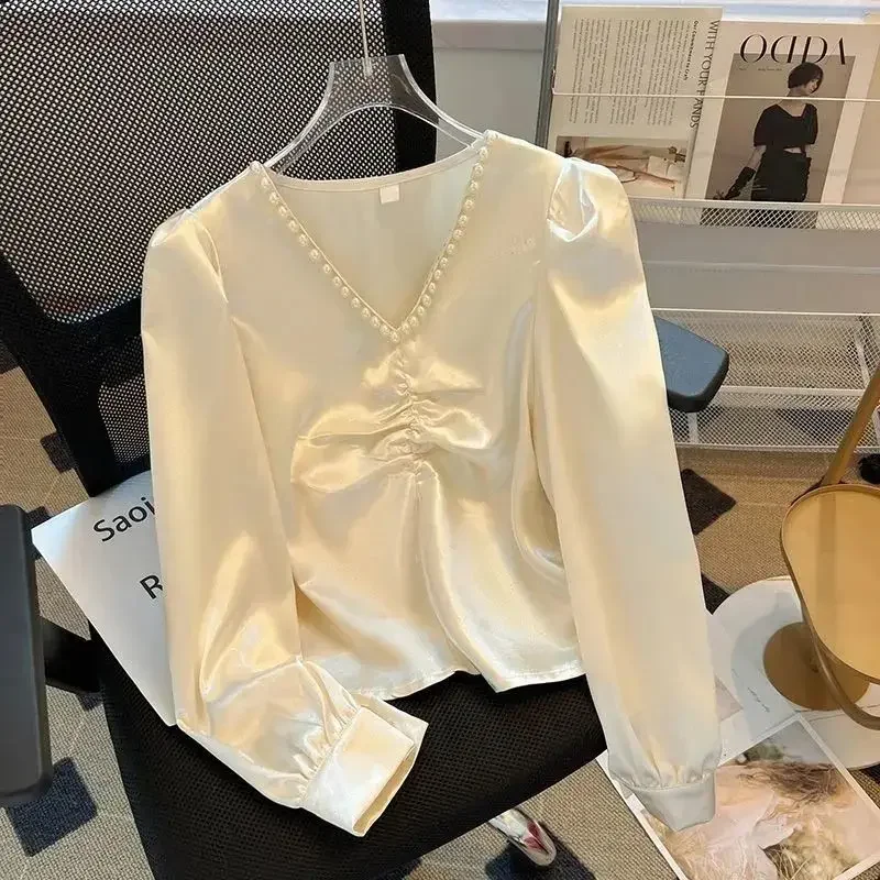 Женская атласная рубашка с V-образным вырезом черная блузка шипами корейский