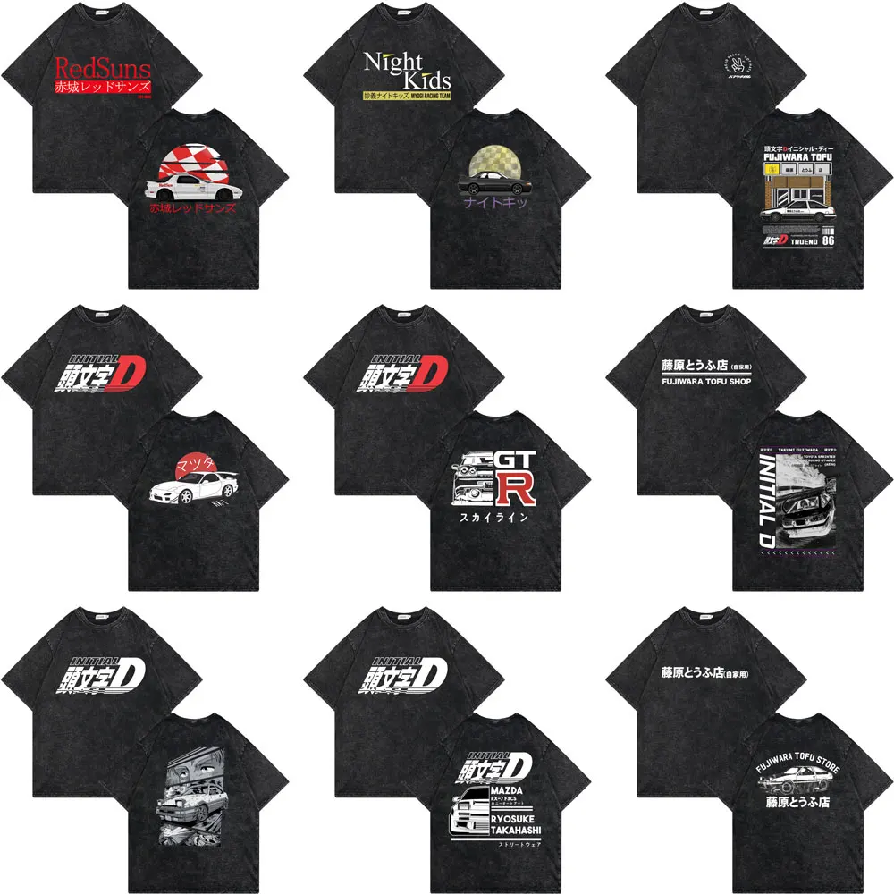 

Wash Vintage Black Anime Drift AE86 Initial D Print T-shirt Streetwear Summer Casual Unisex R34 Skyline GTR JDM Manga Tee Shirt