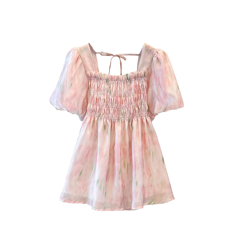 Женская рубашка с коротким рукавом и квадратным вырезом цветочным принтом |