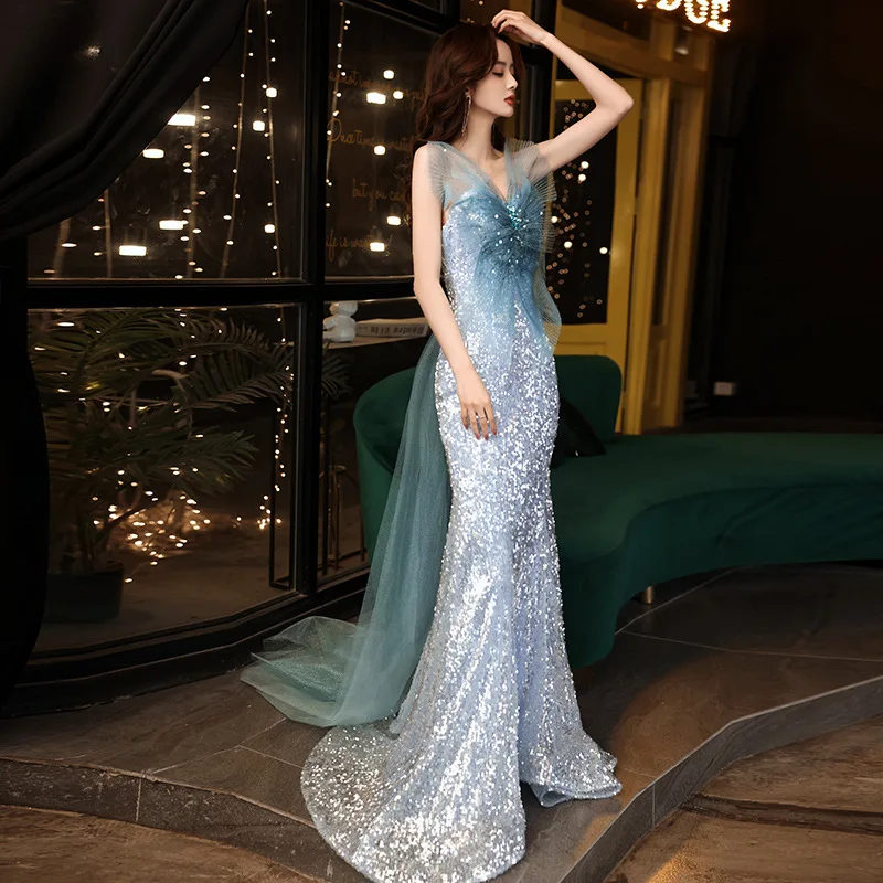 Women Sparkly Stylish Banquet Sky Blue Chinese Prom Dresses Sexy Fishtail Evening Party Dress Trailing Sequins Robe De Feata