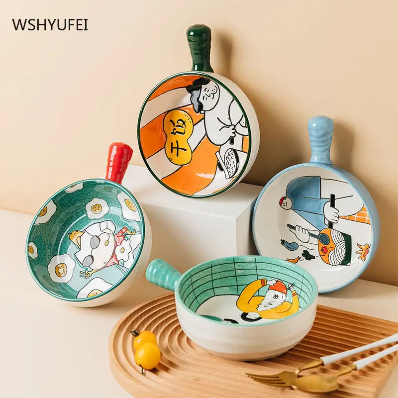 

WSHYUFEI Ceramic Handle Bowl Fruit Salad Bowls Tableware Cartoon Style Household Products Kitchenware Kitchen Supplies