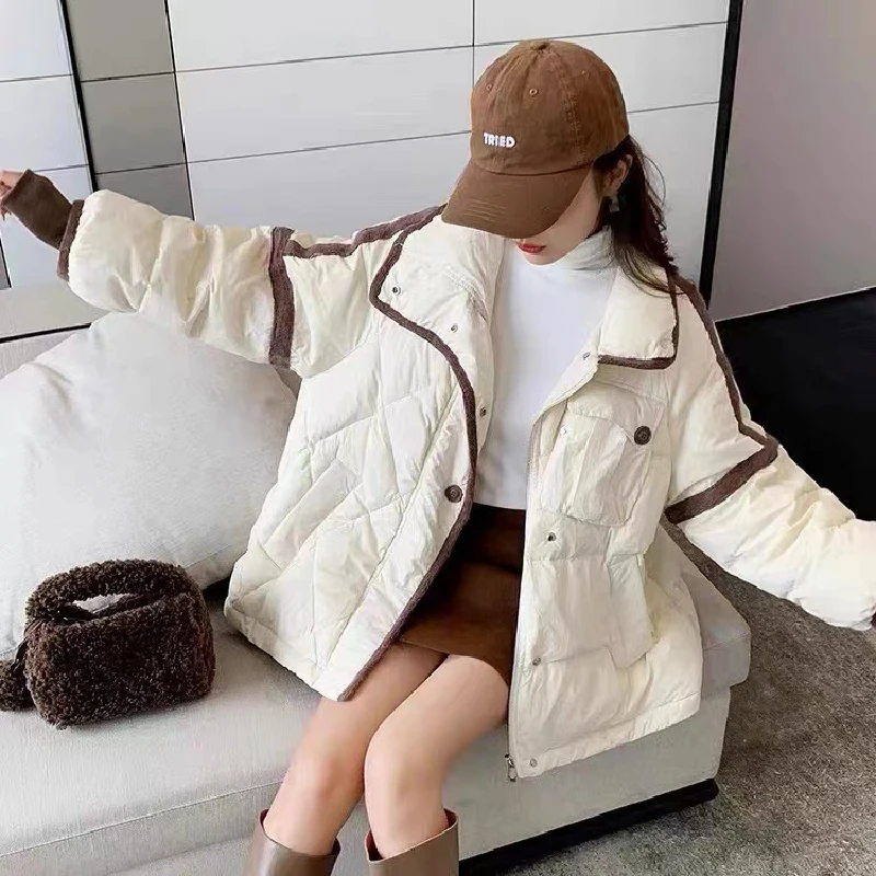 

Women White Down Jacket Stripe Splicing Duck Down Cotton Warm Thicken Windproof Fashion Oversized Loose Comfortable Winter Coat