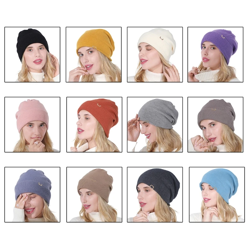 

Women Double Layer Knit Slouchy Beanie Hat Simple Solid Color Metal Decor Hip Hop Stretch Skullies Cap Ear Warmer