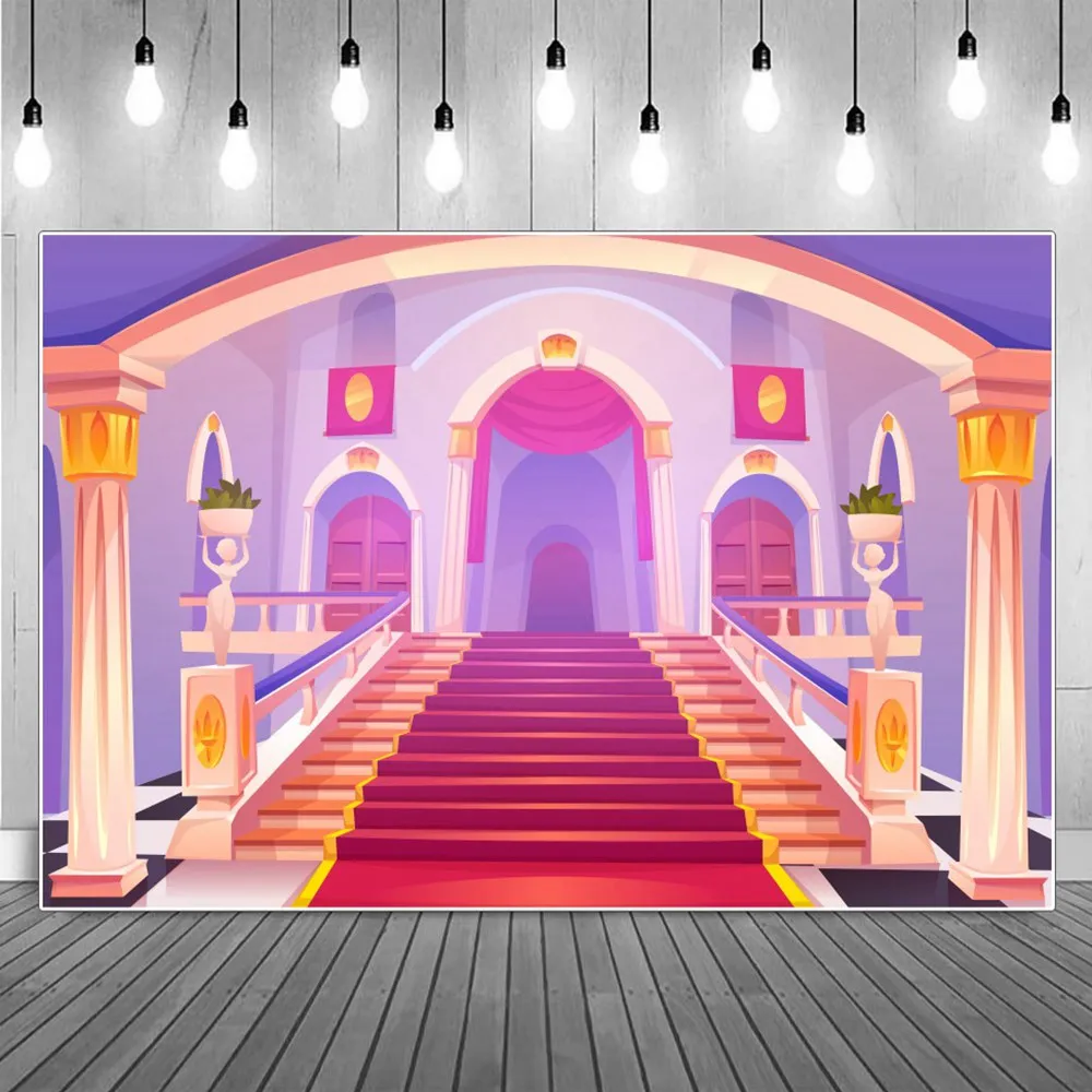 

Cartoon Palace Castle Photography Backgrounds Children Big Hall Stairs Red Carpet Arched Door Portrait Photographic Backdrops