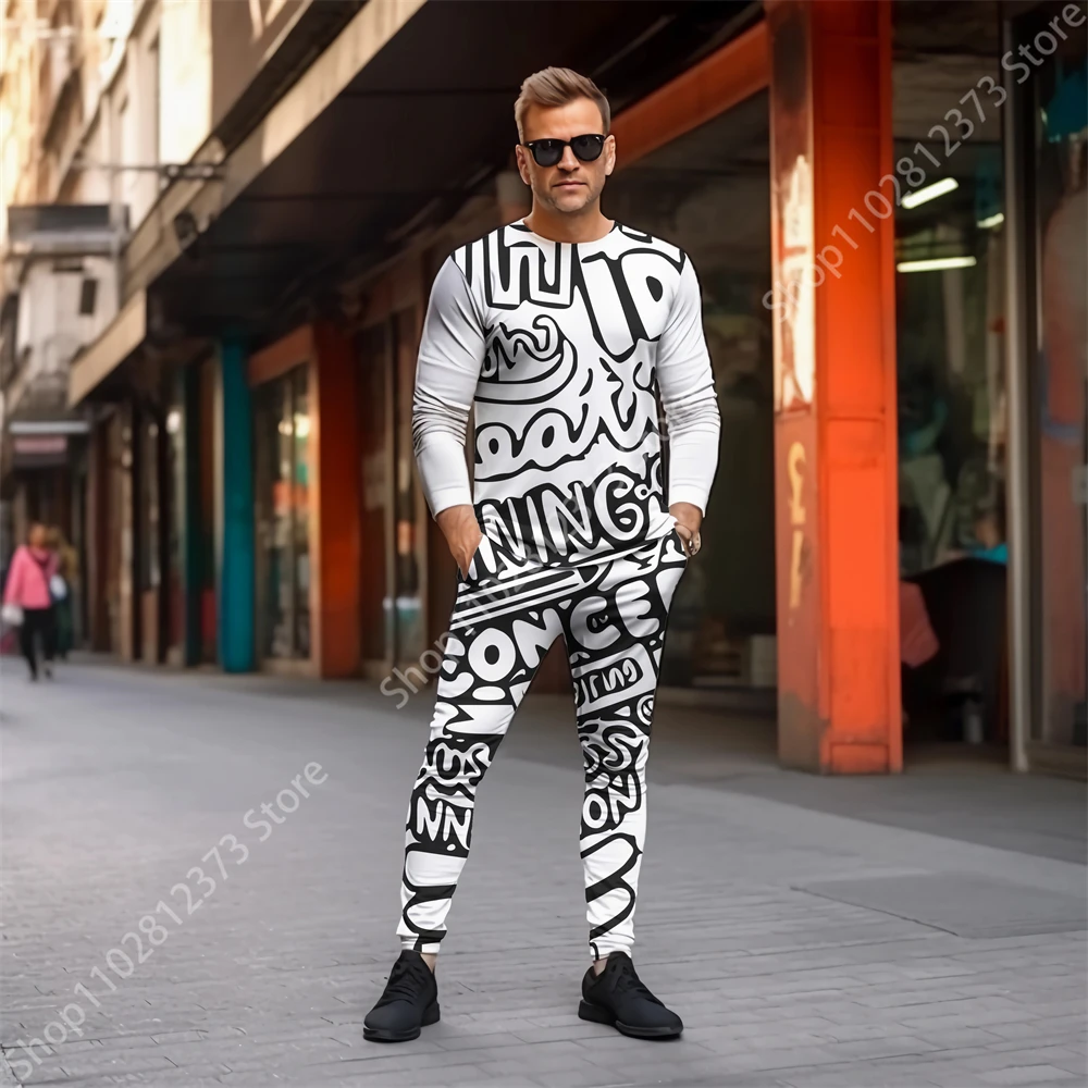 2023 Long Sleeve T-shirt Tracksuit Men Two Piece Set Men 3D Letter Graffiti Printing Fashion Casual Streetwear Clothes For Men