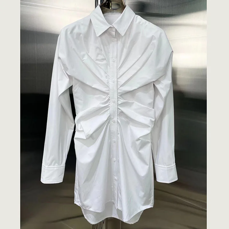

Early spring new white pleated shirt-style single breasted dress women's lapel long-sleeve kink shirt-skirt skirt