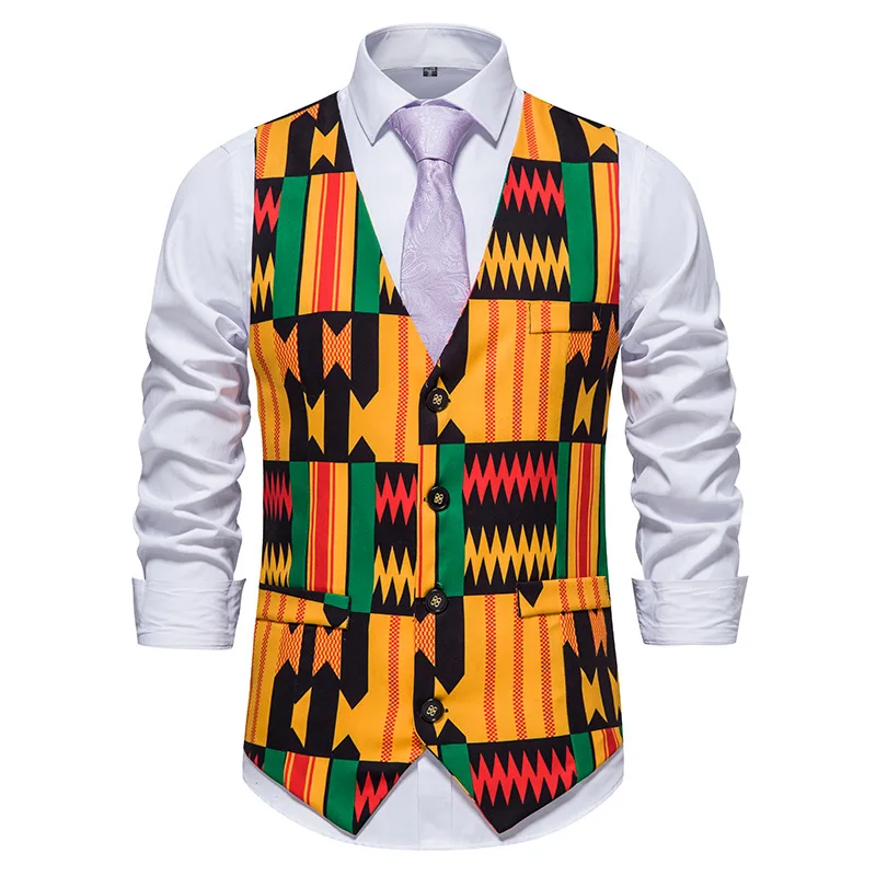 

African Dashiki Suit Vest Men 2022 Fashion Slim Fit Sleeveless Vest Waistcoat Men Party Wedding Prom Tuxedo Vests Male Chalecos
