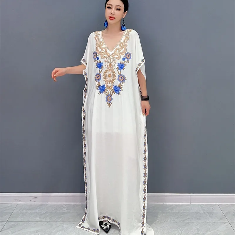 

White Printing Sunscreen Dress Women Plus Size Summer Long Dress Semi See Through Thin Pullovers Dress Holiday Beach Clothes