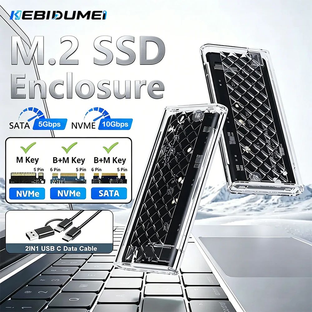 Фото Внешний корпус-адаптер Kebidumei M.2 NVMe SATA SSD 10 Гбит/с USB 3.2 Gen2 с прозрачной RGB-подсветкой, поддержка ключей M и B&M №1
