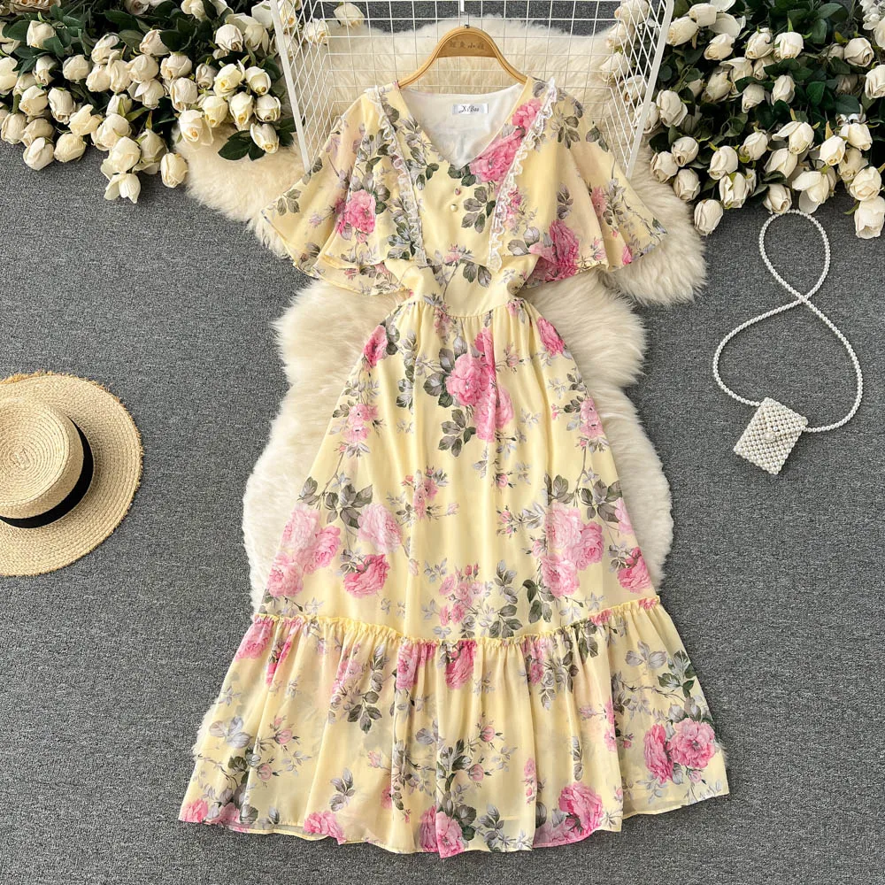 

Женское шифоновое платье с оборками, облегающее длинное платье с цветочным кружевом и широким подолом в стиле пэчворк, Новинка лета