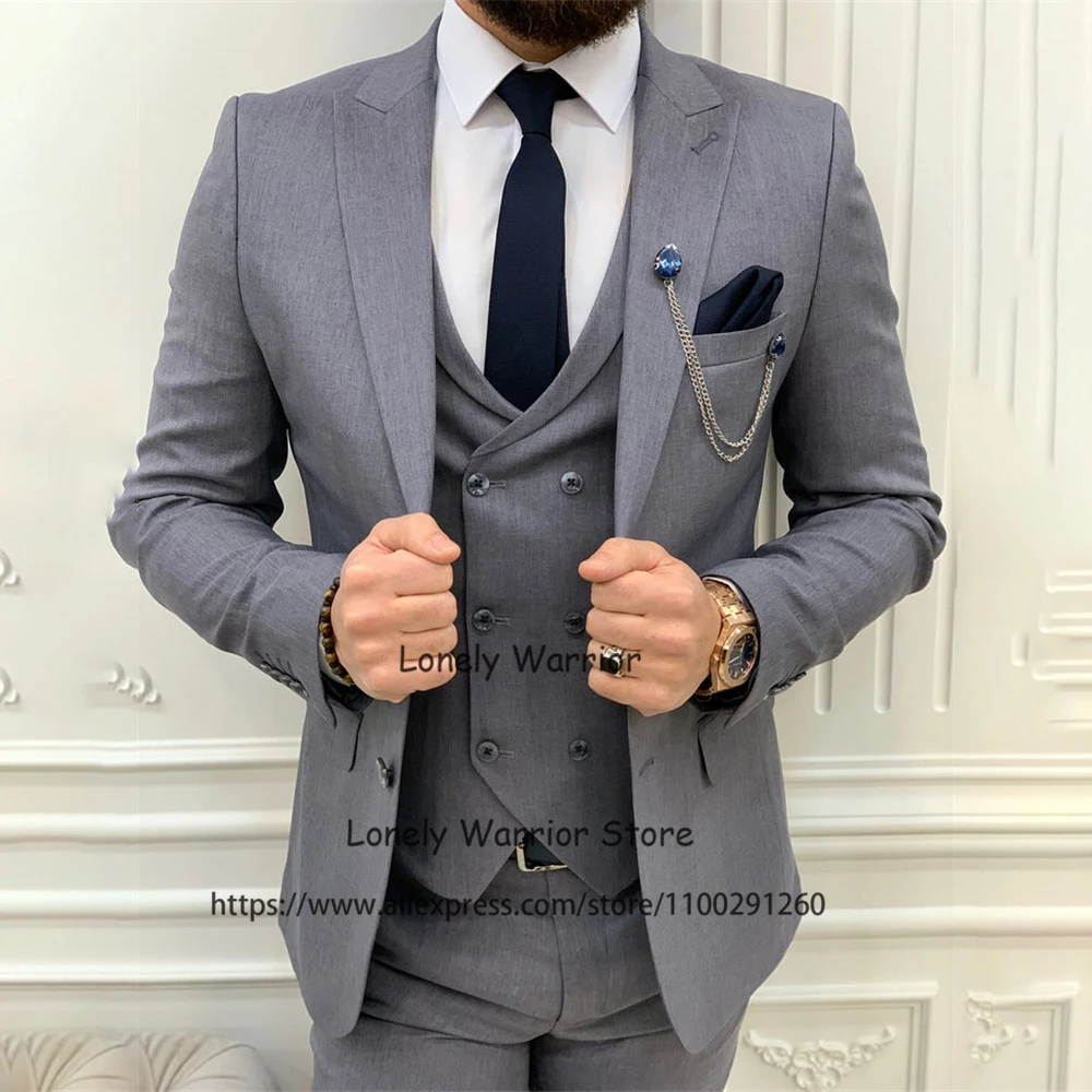 

Fashion Grey Mens Suits Slim Fit Formal Business Blazer Wedding Groom Tuxedo Banquet 3 Piece Set Jacket Vest Pants Costume Homme
