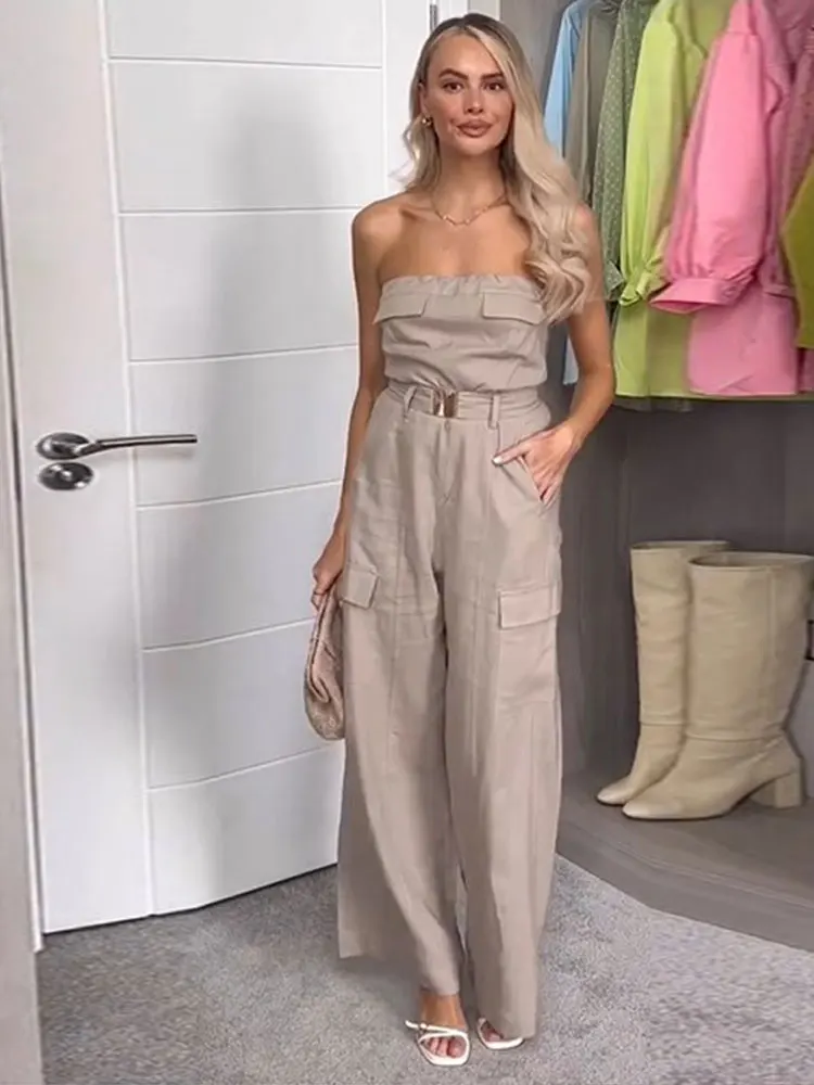 

Женский однотонный комбинезон без бретелек с поясом, Летние повседневные однотонные брюки-карго без рукавов