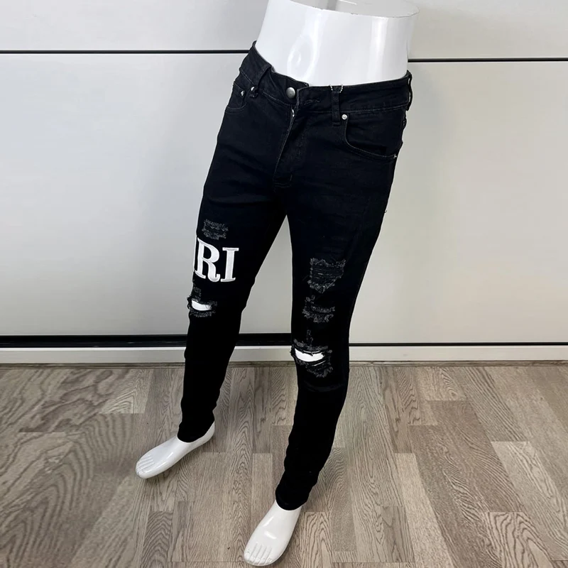 High Street Fashion Men Jeans Black Color Elastic Stretch Skinny Ripped Jeans Men Brand Patches Designer Hip Hop Pants Hombre