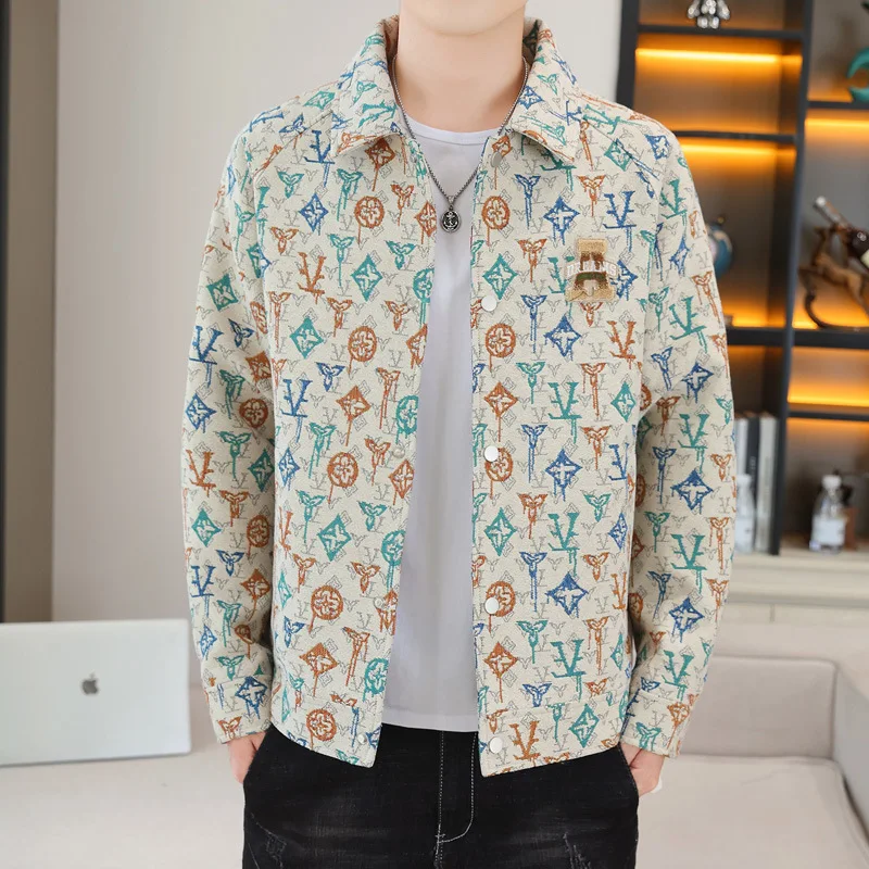 

Мужская жаккардовая куртка-поло, повседневная небольшая куртка с небольшим запахом и воротником поло, осень 2023