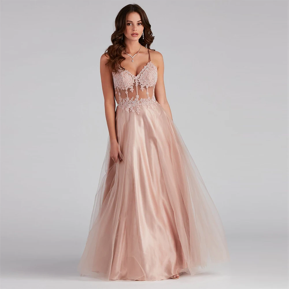 

EAEOVNI Delicate Applique Prom Gown A Line Spaghetti Straps Floor Length Illusion Prom Dress Sweet Beaded Homecoming Dress