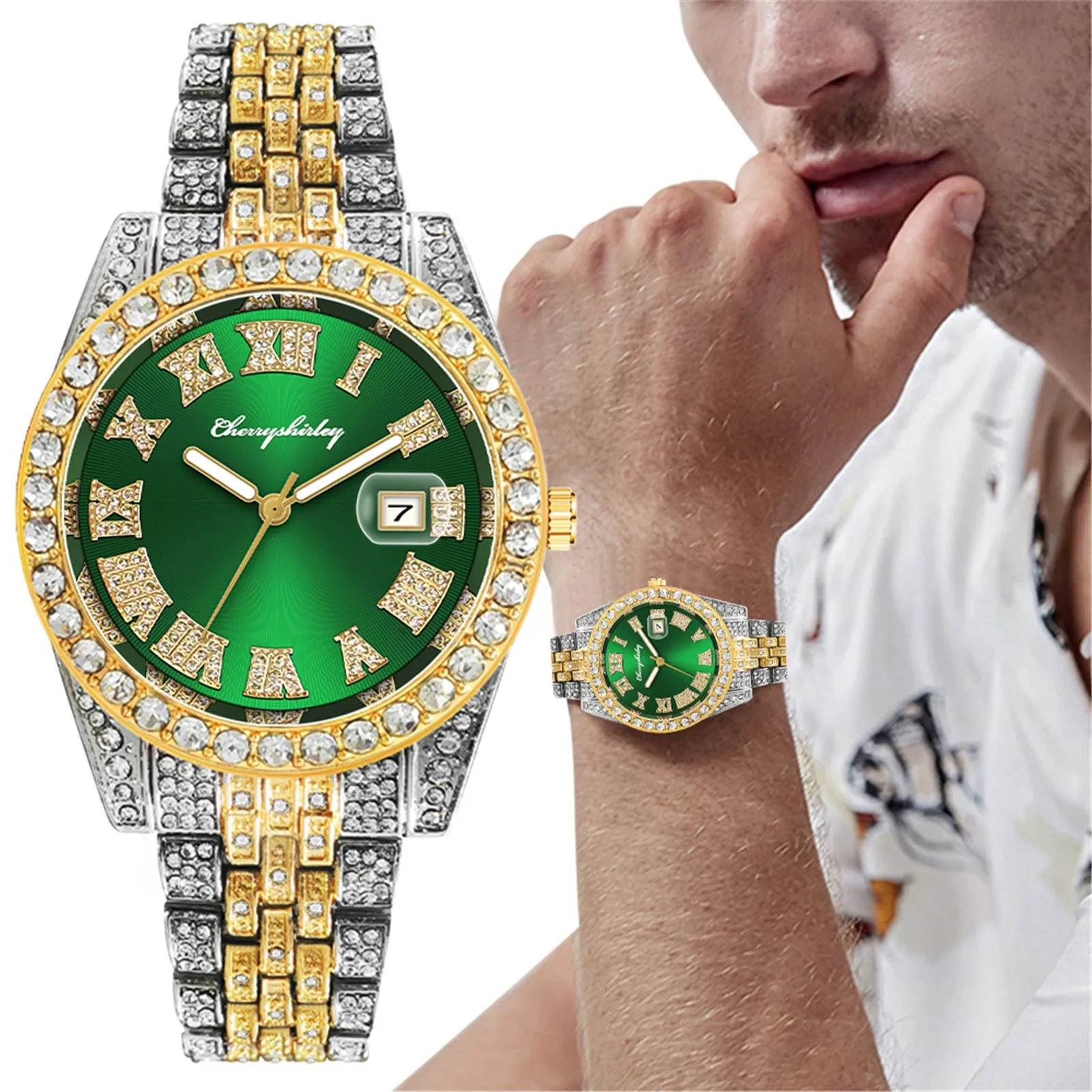 

Luxury Mens Quartz Watch Gold Stainless Steel Diamond Strap Calendar Roman Digital Dial Men Wrist Watch Men Relogio Masculin