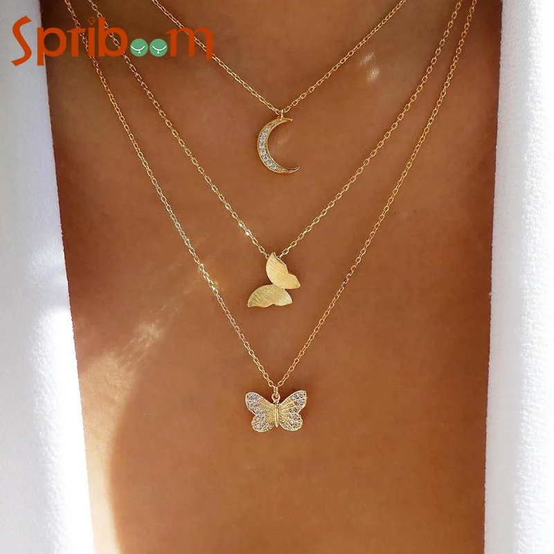 

Multilayer Butterfly Necklace for Women Girl Gold Silver Star Moon Rhinestone Butterflies Pendant Boho Neck Chain Trendy Jewelry
