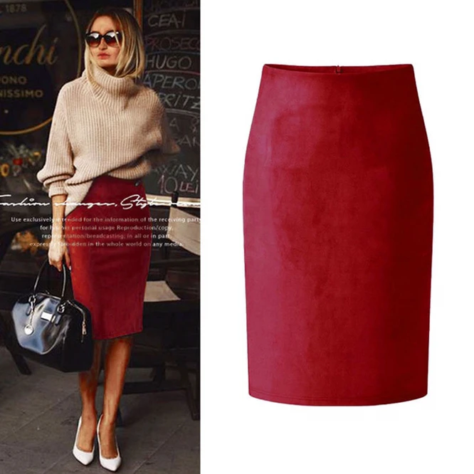 

2022 New Deerskin Velvet Women's Daily Simple Winter Girls' Professional Wrap Hips High Waist Self-cultivation Skirt Red