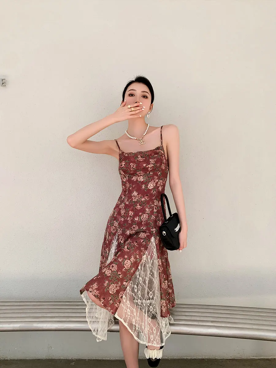 

ZCSMLL Vintage Floral Patchwork Lace Backless Long Dress Women Sundress A Line Tunics Ladies Slip Dress Summer 2022 Clothing