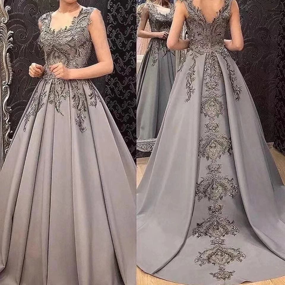 Modest Gray Satin Prom Dresses A Line Lace Sleeveless Plus Size Formal Evening Gowns Party Wedding Wear Robe De Soiree