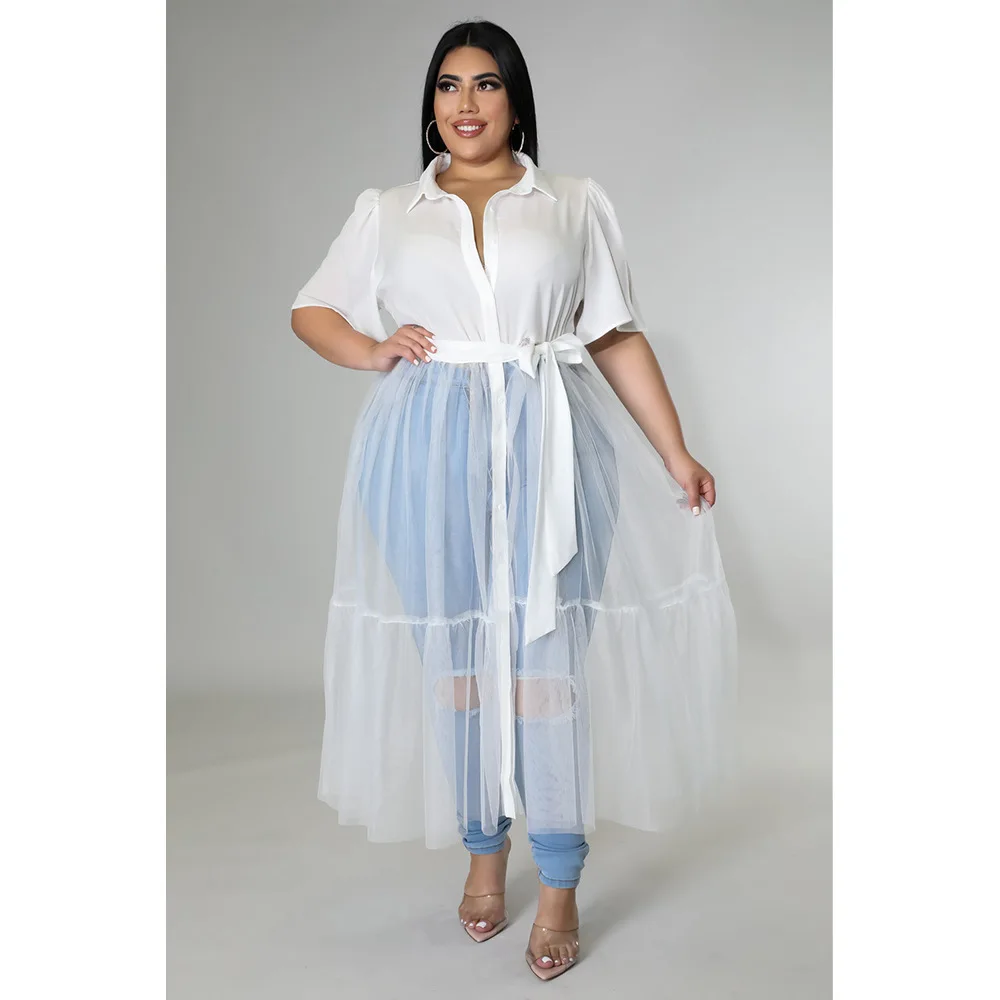 Plus Size Women's Dress 2023 Summer New Women Solid Color Shirt Mesh Large Top Dress Fashion Short Sleeve Casual Female Clothes